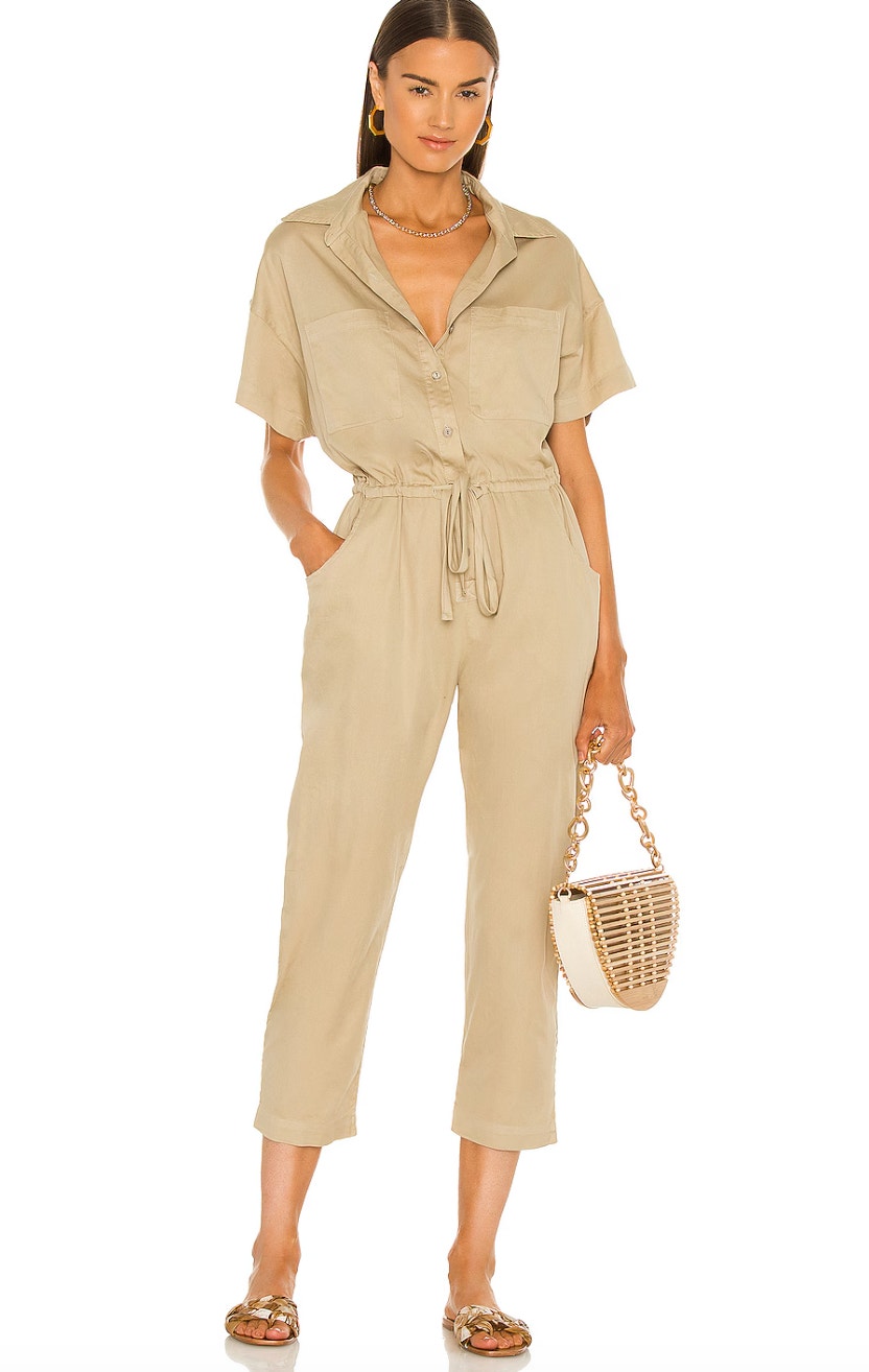 Enza Costa Utility Jumpsuit Womens L Khaki Short Sleeve Boilersuit $265
